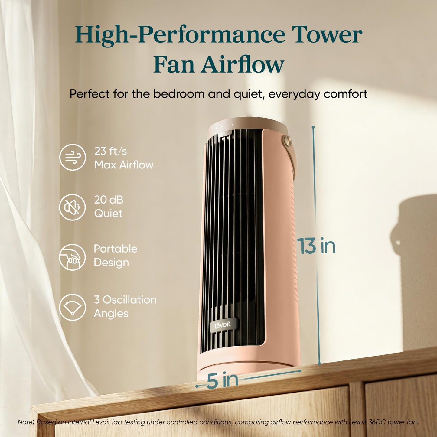 LEVOIT Tower Fan for Bedroom, 20dB Quiet Desk Fan with 23ft/s, Portable & Easy to Carry, 3-Angle & 5-Speed Mini Oscillating Fan, DC Motor, Bladeless, Remoter, 12H Timer, for Home, Room, Office, Clay