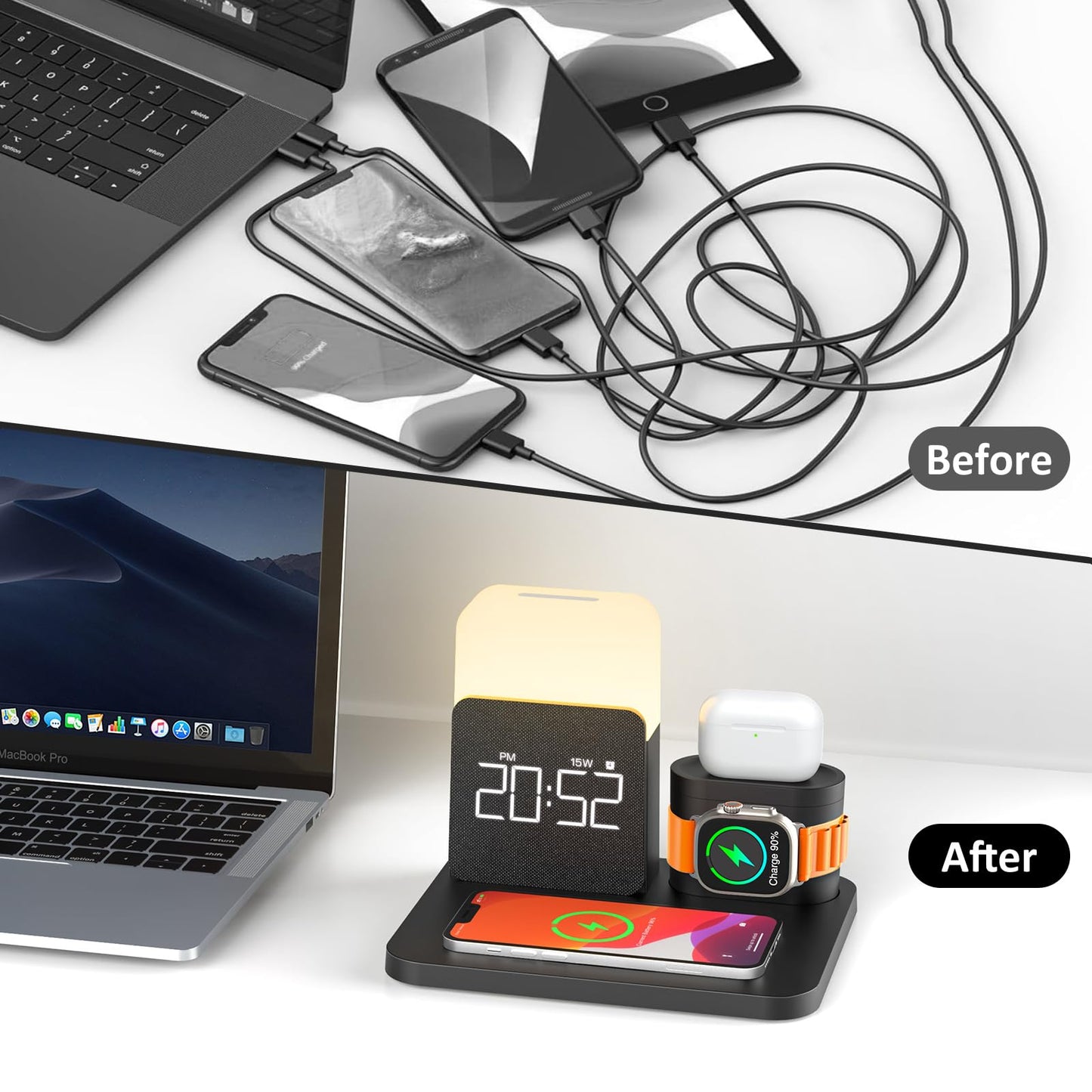 7 in 1 Charging Station for iPhone, Wireless Charging Station, Alarm Clock, Night Light, Wireless Charger for iPhone 16 15 14 13 12 Pro Max & Apple Watch - Charging Stand Dock for AirPods