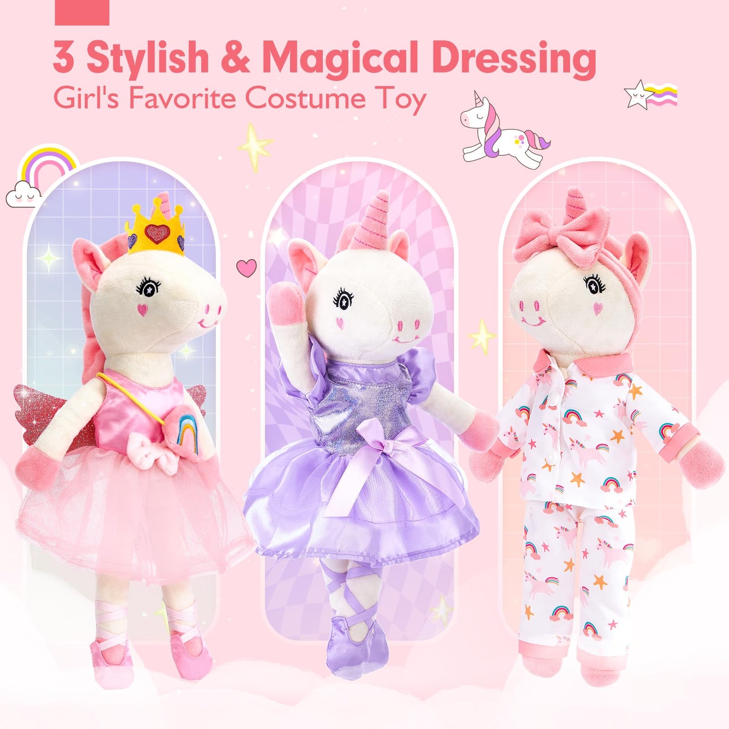 Unicorns Toys for Girls Age 4-6 Ballerina Doll Stuffed Animal Girl Toys Age 4-5 Ballet Dress up Doll 3 Set Clothes with Plush Bag 4 Year Old Girl Birthday Gifts 5 Year Old Girls Easter Basket Stuffers