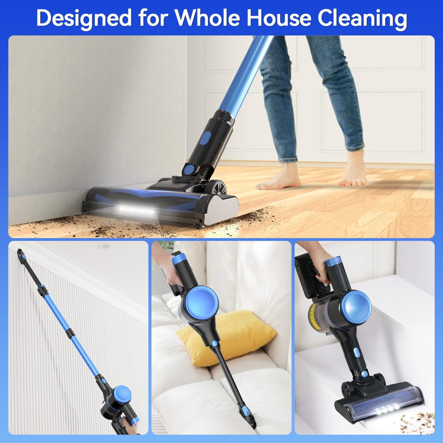 N8 Cordless Vacuum Cleaner,Lightweight Stick Vacuum with Powerful Suction,2200mAh Battery,40 Mins Runtime,Self-Standing, Rechargeable Vacuum Cleaners for Home Hardwood Floor Carpet Pet Hair (Navy)