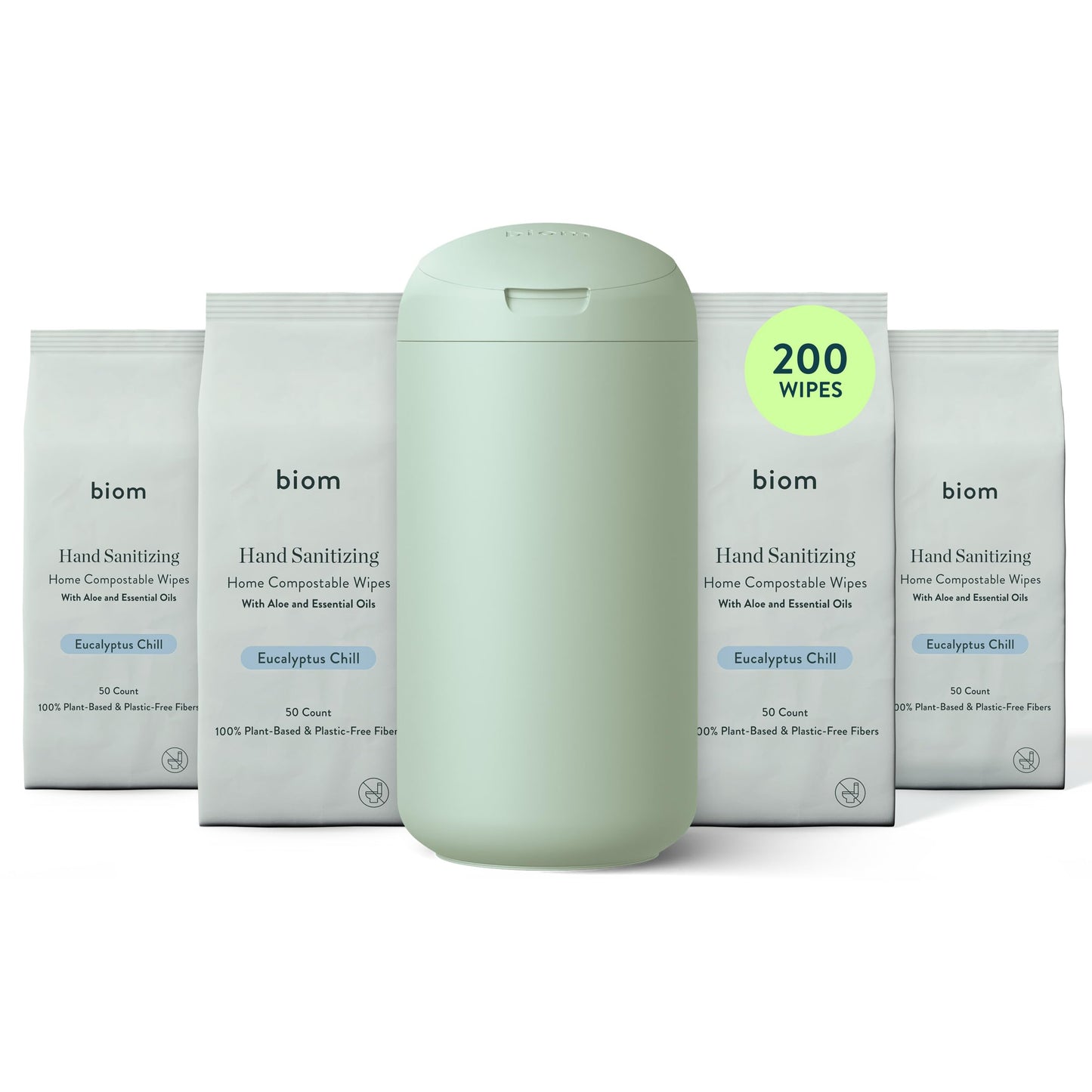 Biom Hand Sanitizing Wipes Starter Kit - 4pk(200 Total) Eucalyptus Scent Wipes + Refillable BPA-Free Dispenser-Biodegradable, All Natural, Plant-Based, Non-Toxic Wet Wipes with Aloe for Soft Skin