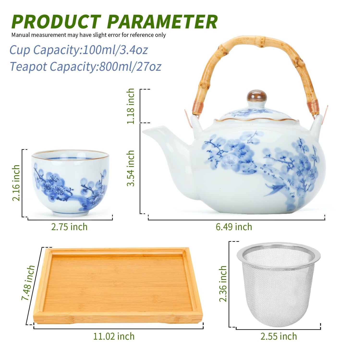 Japanese Tea Set Porcelain Tea Set with Teapot and Tea Cup Set for 4, Blue and White Tea Sets for Adults with Stainless Infuser and Bamboo Tray, Asian Tea Set for Tea Lovers/Women/Men (Plum & Bamboo)