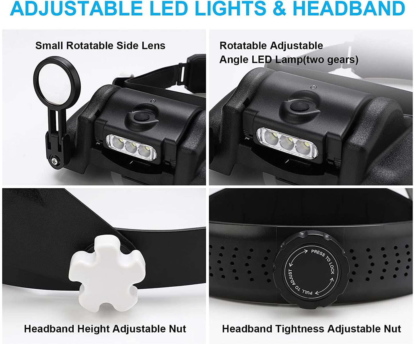 Dilzekui Magnifying Glass with Light 1X to 14X, Rechargeable Magnifying Glasses, Head Mount Manifying Glass, Headset Magnifier with Detachable Lens, Headband Magnifier for Close Work Jewelers Crafts