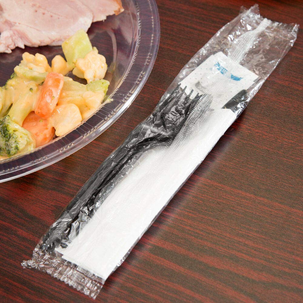 250 Plastic Cutlery Packets - Knife Fork Spoon Napkin Salt Pepper Sets | Black Silverware Sets Individually Wrapped Kits, Bulk Plastic Utensil Cutlery Disposable To Go Silverware