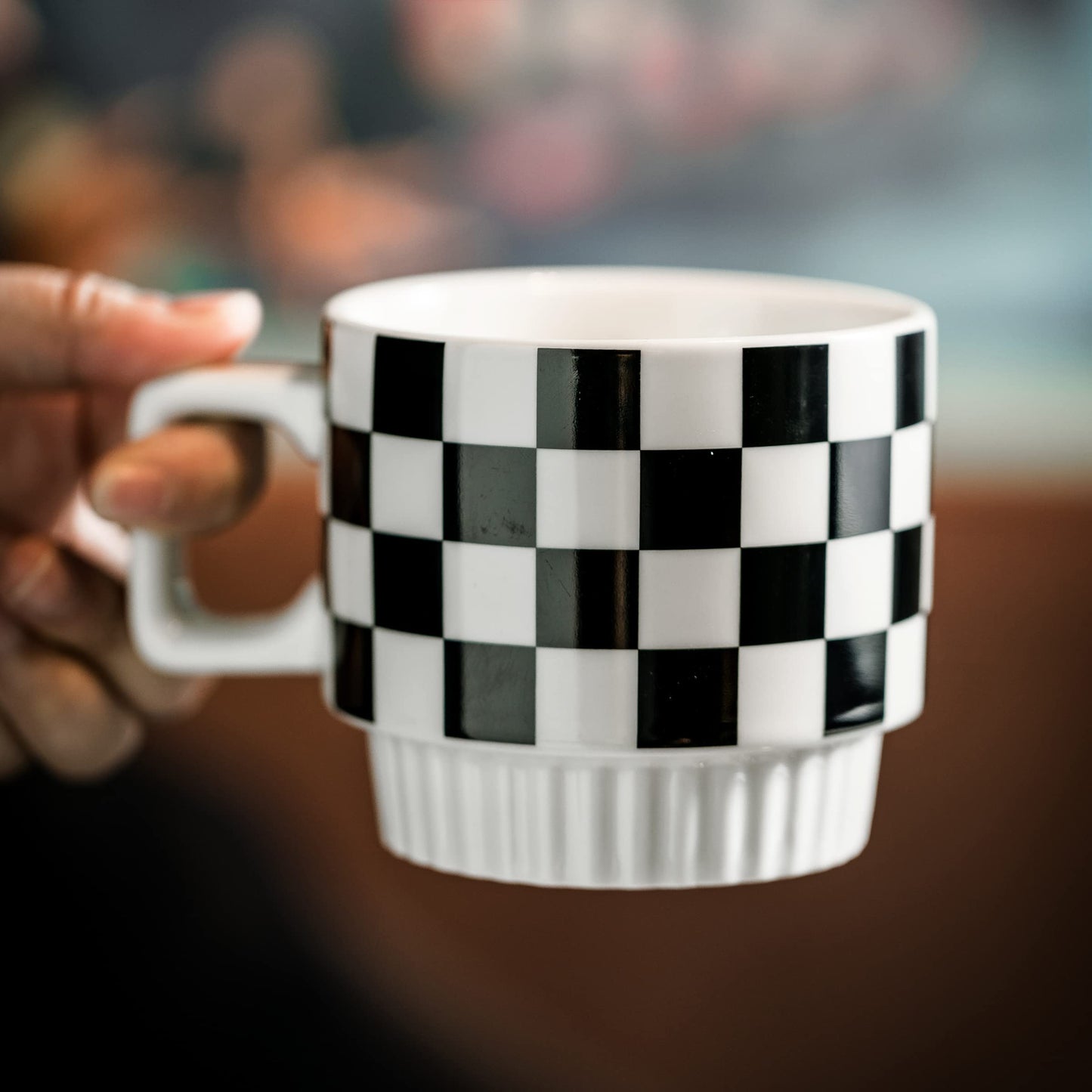 Miamolo Stackable Coffee Mug Set of 4 with Rack 11 oz Tea Cup Set with Little Spoon for Coffee Tea Cocoa Milk, Checkered Black and White Pattern Coffee Mug for Housewarming Gift