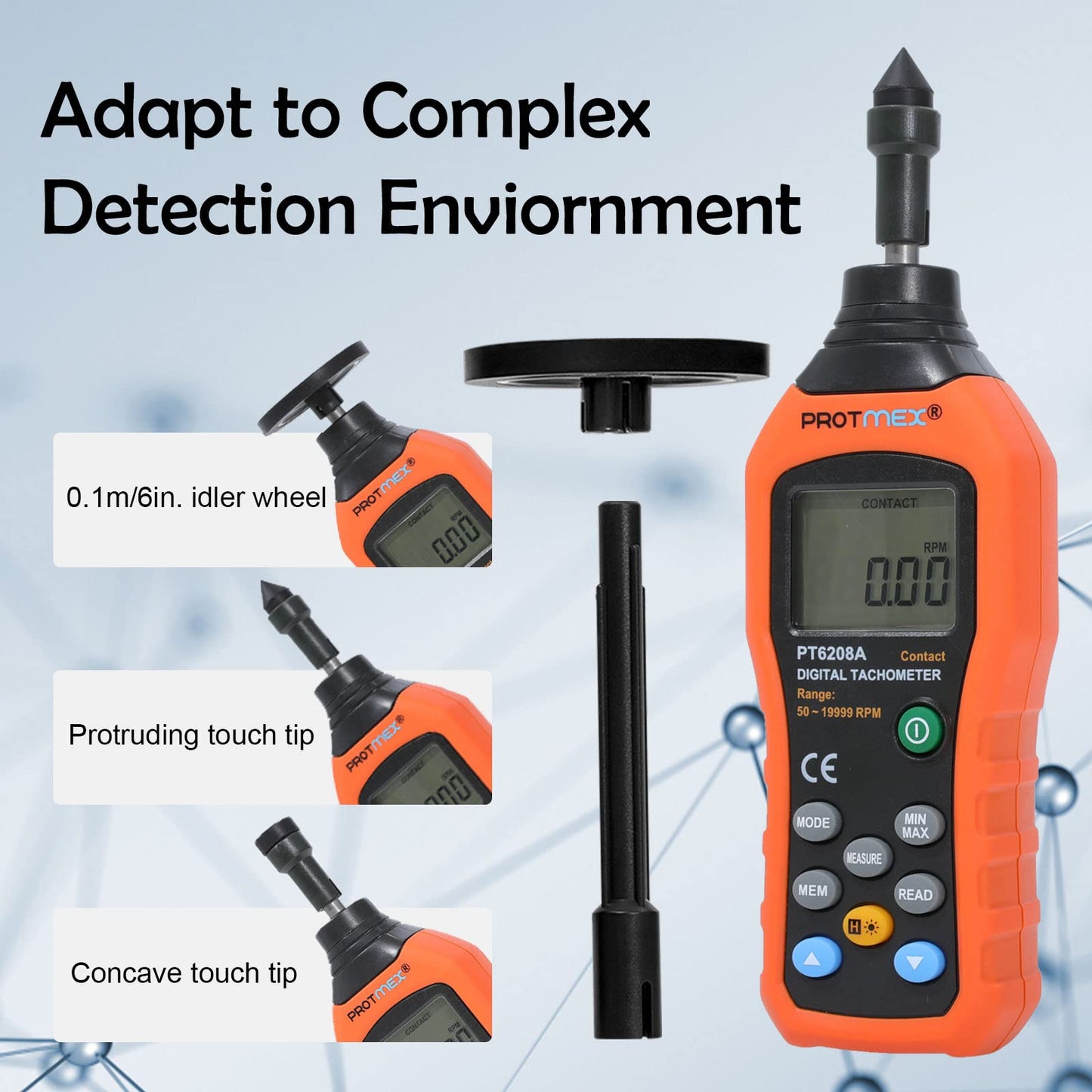 Protmex PT6208A Digital Contact Tachometer, Contact Measurement Speed Tach Meter, 50-19999RPM Speed Meter, Contact Tach RPM Meter with 100 Groups Data Logging, Data Hold, Max/Min/AVG, Backlight