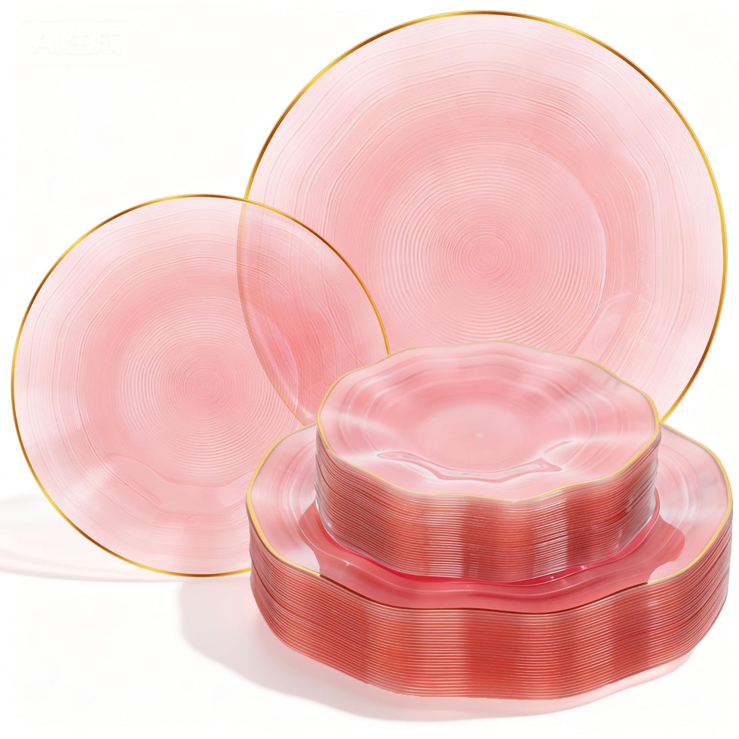 Pryntono 120PCS Pink Plastic Plates with Gold Rim, Heavy Duty Disposable Plates, Elegant and Fancy 60 Dinner and 60 Dessert Plates for Party and Wedding