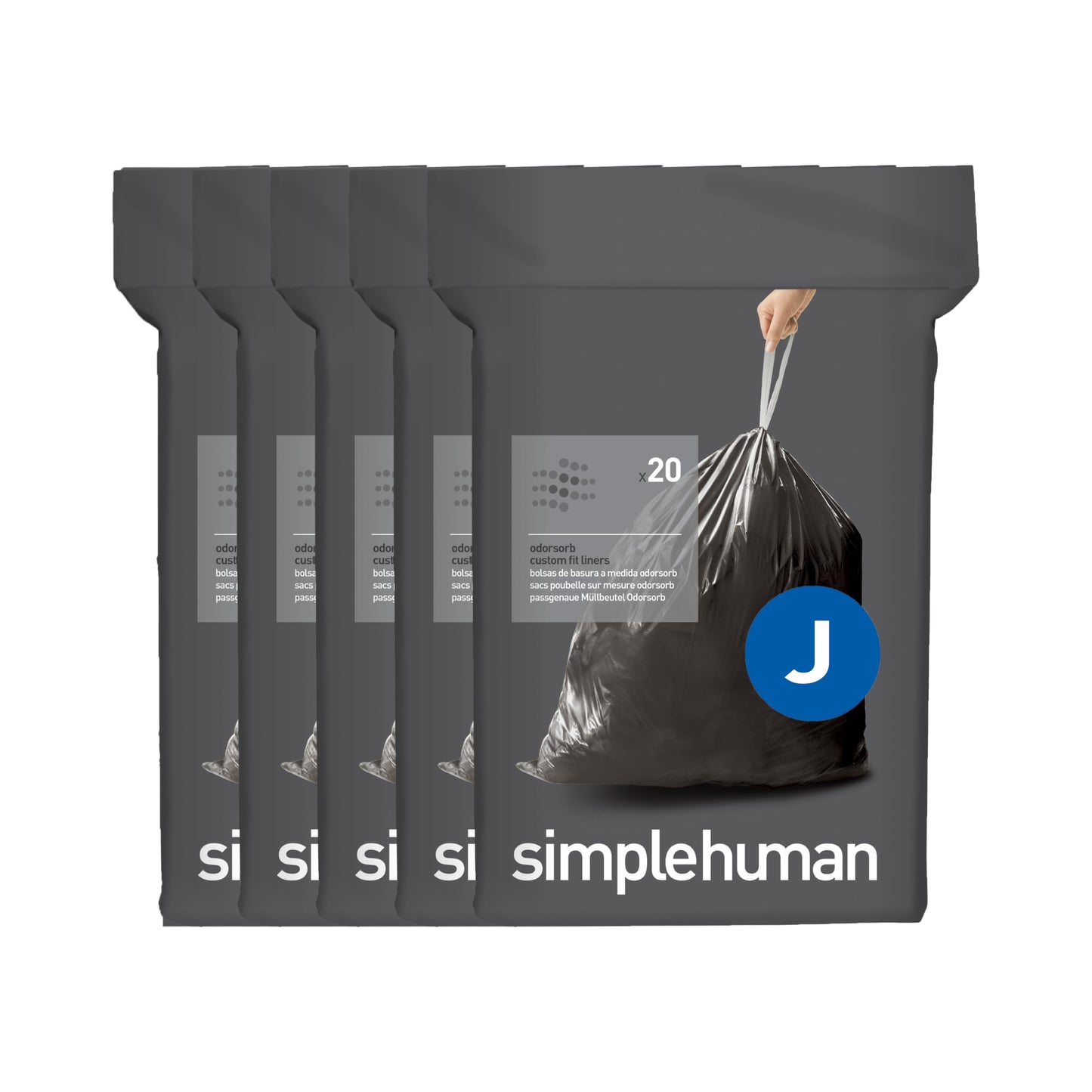 simplehuman Code J 100 Count Odorsorb® Custom Fit Liners, Drawstring Odor Absorbing Trash Bags, One-by-One Mess-Free Dispense, Extra Thick & Double Seamed, 50% PCR Plastic, 38-45 Liter / 10-12 Gallon