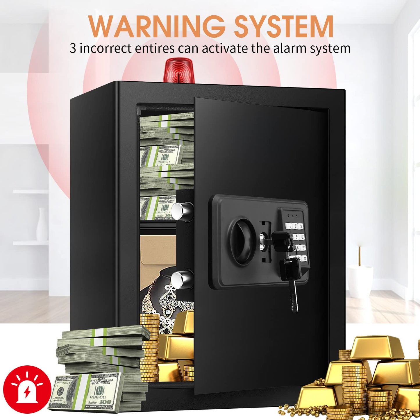 3.0 Cub Large Home Safes Fireproof Wterproof, Anti-theft Fireproof Safe with Programmable Keypad, Spare Keys and Alarm Systerm, Digital Home Security Safe Box for Document Money Medicines