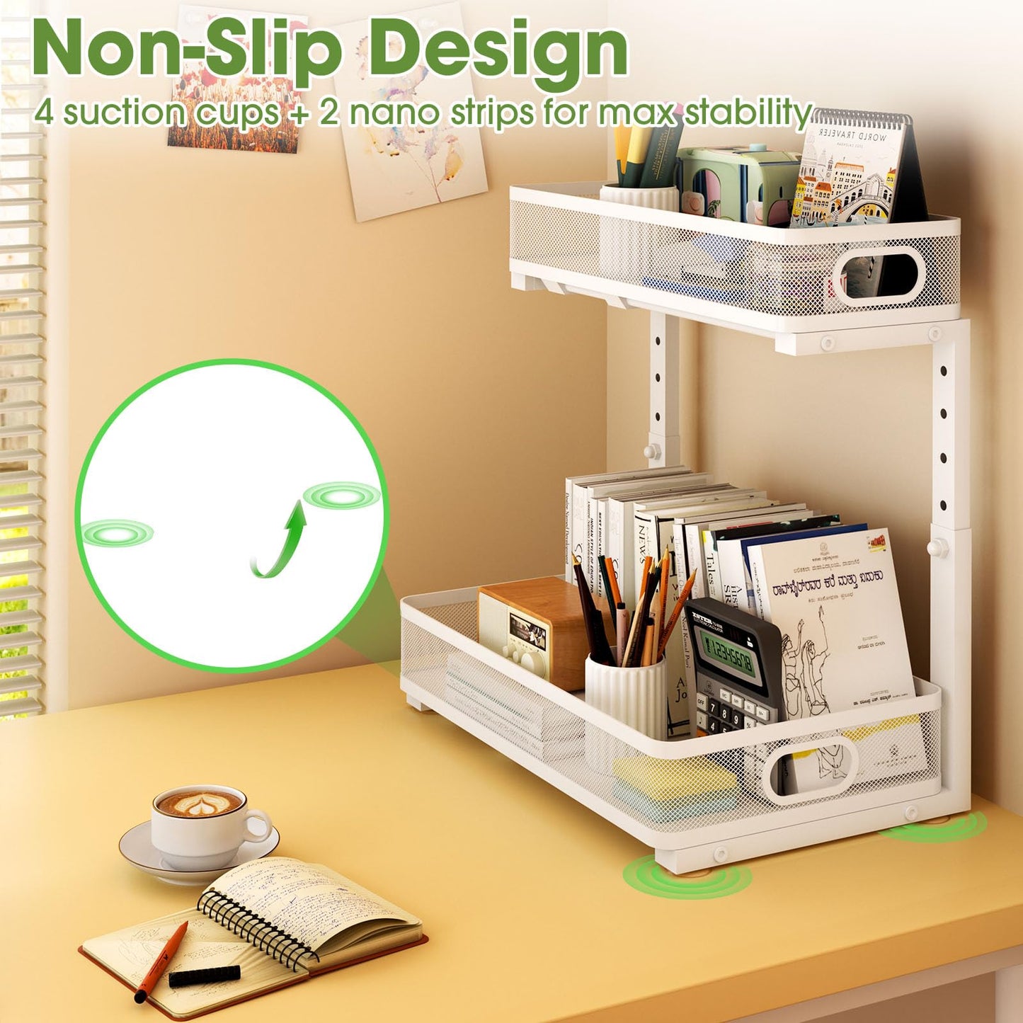 Under Sink Organizer 2-Pack, Metal 2-Tier Pull-Out Cabinet Shelf with Slide-Out Mesh Drawers, Height Adjustable, Space-Saving Under Sink Storage Racks for Kitchen, Bathroom, Laundry Room, White