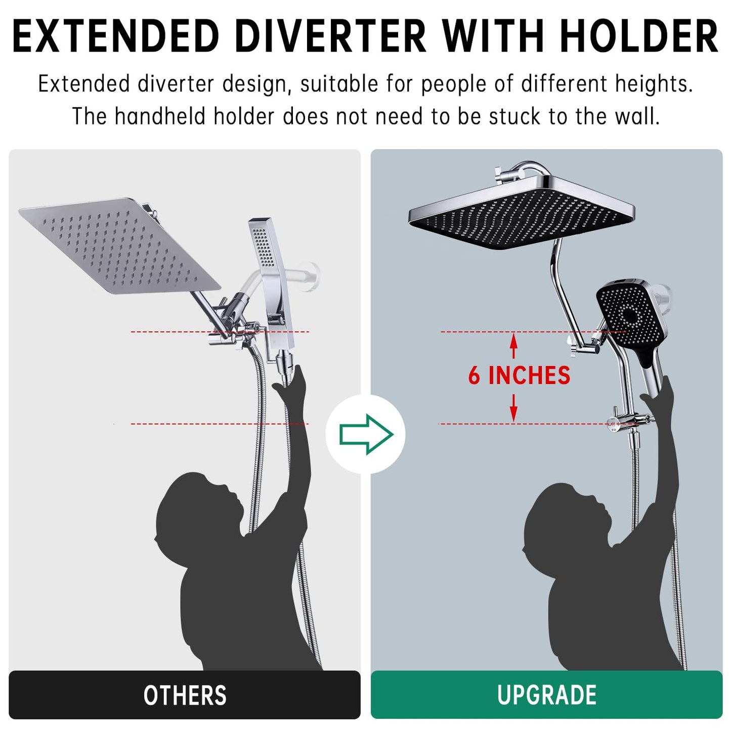 13 Inch Rainfall Shower Head with Multi-Function Handheld Sprayer Combo, 3-Way Metal Extended Diverter with Holder and Metal Adjustable Curved Shower Extension Arm, Extra Long Hose Chrome