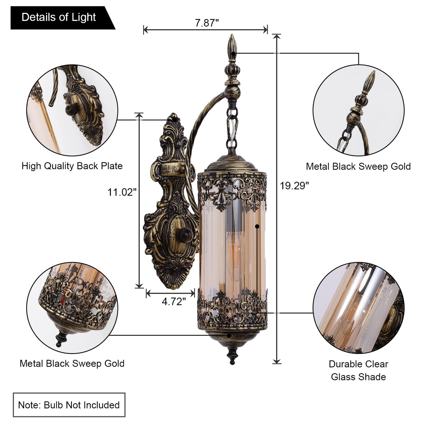 RONGHUAFUGUI Rustic Wall Sconce with Amber Glass Mini Vintage Antique Gothic Wall Light Fixture Retro Farmhouse Mid Centry Lantern Wall Sconce for Bedroom, Hallway, Mirror, Bursh Gold, E12