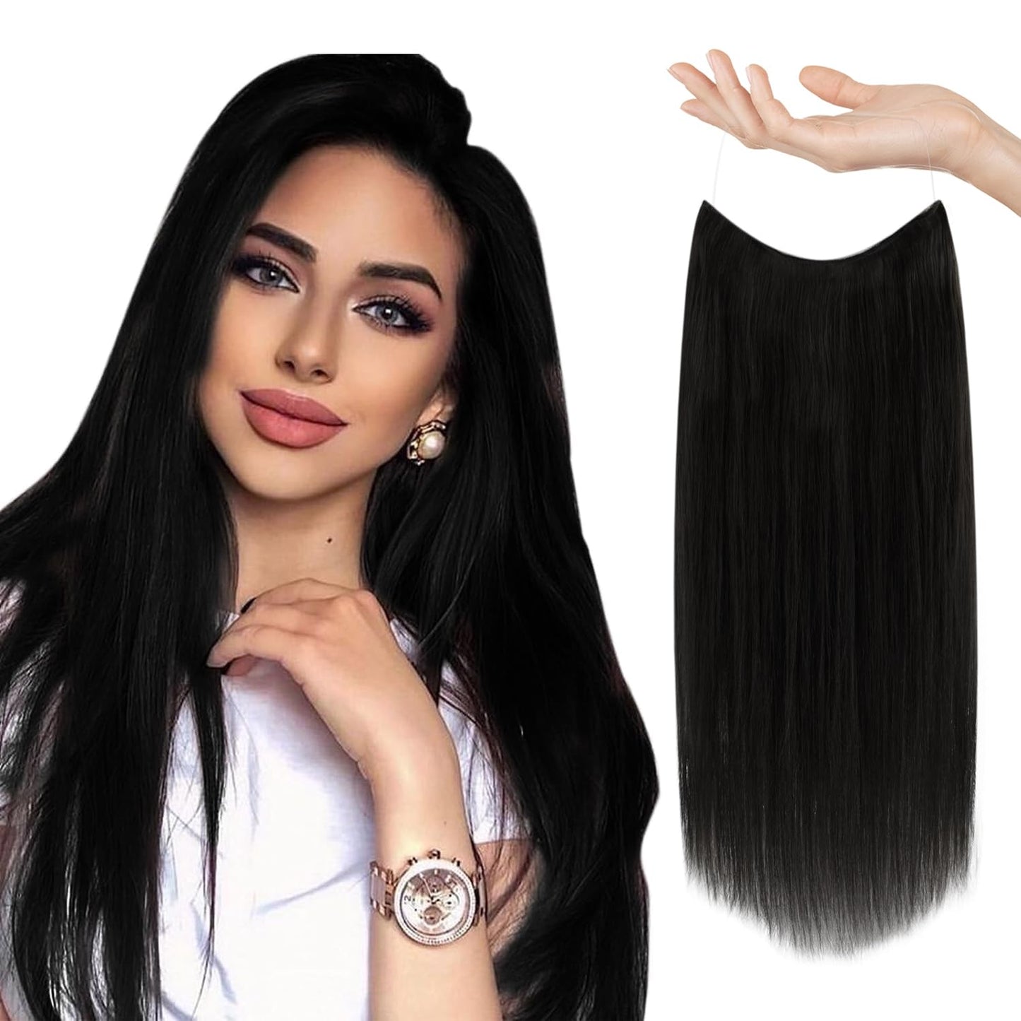 Sunny Wire Hair Extensions Real Human Hair Fish Line Human Hair Extensions Invisible Wire Extensions Jet Black #1 12 Inch