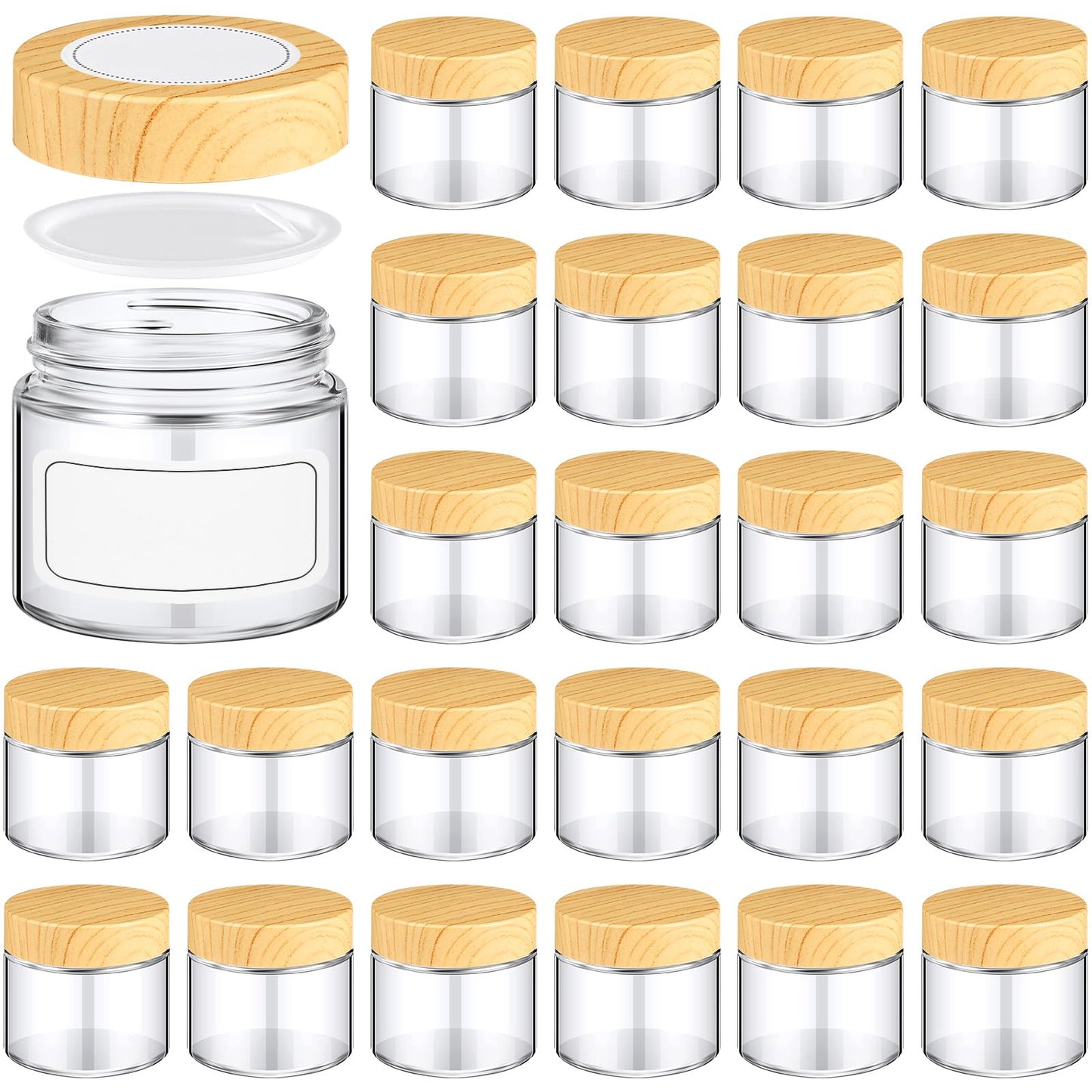 Layhit 24 Pcs Glass Jars with Lids Clear Small Jars with Woodgrain Lids, White Labels and Inner Liners Empty Round Cosmetic Containers for Creams Lotions Powder Ointments Candle Making(2 oz)