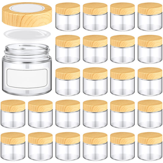 Layhit 24 Pcs Glass Jars with Lids Clear Small Jars with Woodgrain Lids, White Labels and Inner Liners Empty Round Cosmetic Containers for Creams Lotions Powder Ointments Candle Making(2 oz)