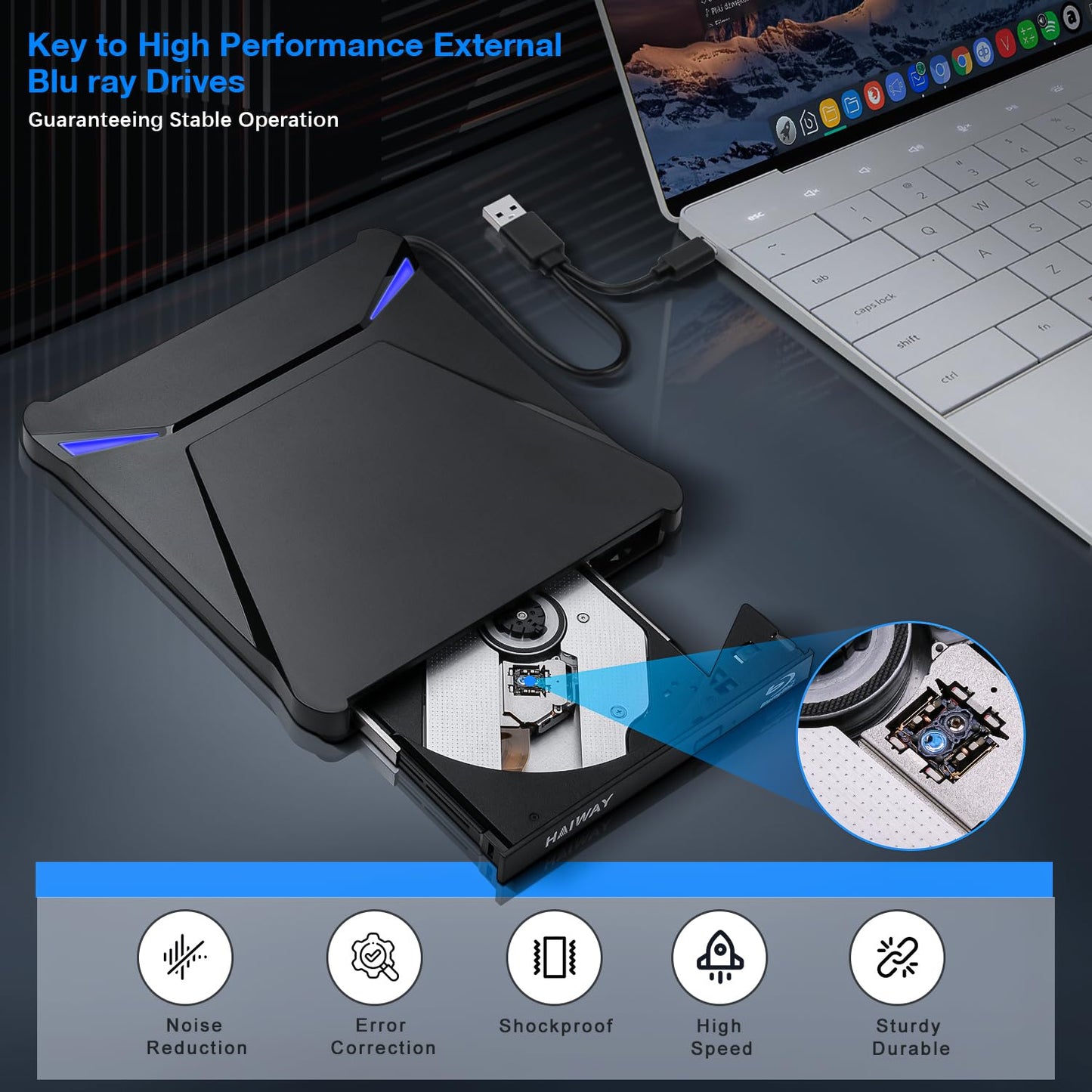 Haiway 5 in 1 External Blu-ray Burner Drive, USB 3.0 & Type-C DVD/CD/Blu ray Burner Writer with SD/TF Card Reader, Supports 100GB Discs R/W for Windows, Linux, macOS (PC/Laptop/Desktop)