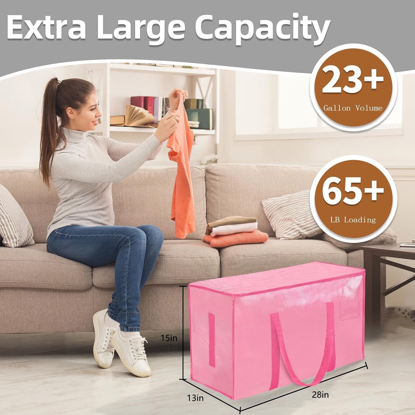 8 Pack-Extra Large Heavy Duty Moving Bags - Waterproof Storage Totes with Handles & Zippers, Foldable for College Dorm, Storage (Pink)
