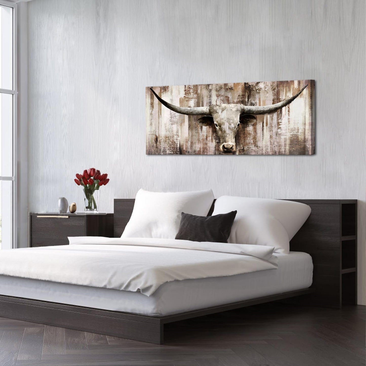 LevvArts Large Size Longhorn Cow Canvas Wall Art Western Cattle Painting Artwork Rustic Farmhouse Decorations Man Cave Home Office Decor 20"x48"