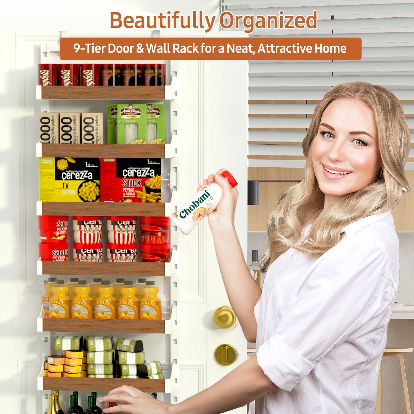 Cransidium Over the Door Pantry Organizer: Pantry Organization and Storage with Hanging Basket - 9-Tier Metal Spice Rack Adjustable Shelves for Kitchen Bedroom Bathroom & Laundry Room White