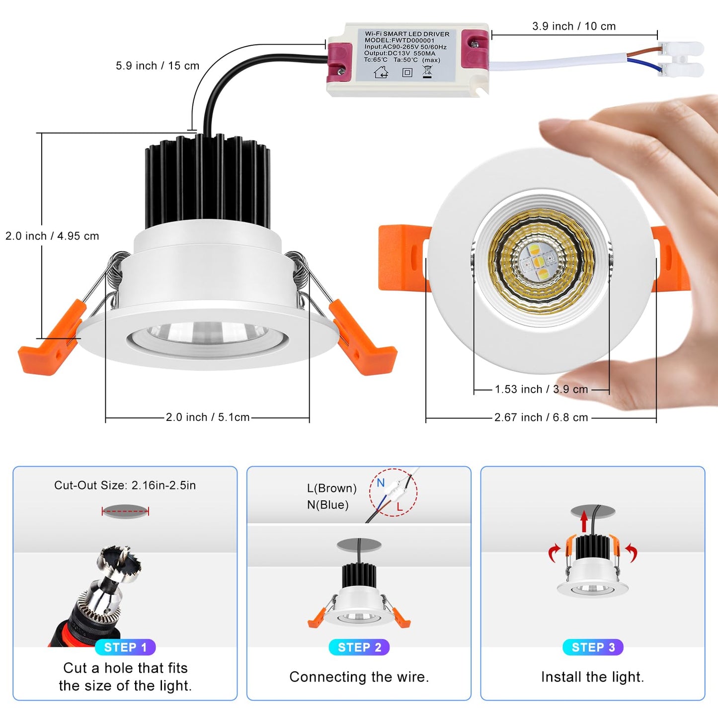 2 Inch Smart Recessed Lighting, 5W RGB WiFi LED Downlight, Dimmable RGB Color Changing & CCT 2700K–6500K, Compatible with Alexa & Google Home, 120V Round Recessed Ceiling Light with Driver (4 Pack)