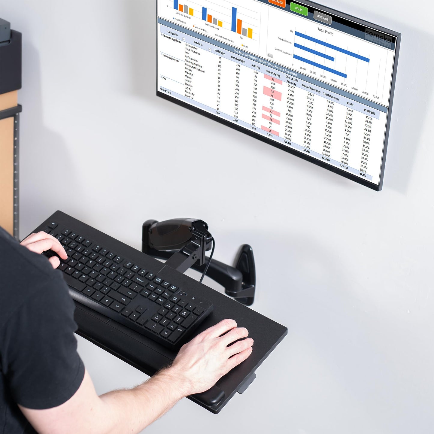 VIVO Sit-Stand 24 Inch Pneumatic Spring Keyboard and Mouse Tray Wall Mount, Counterbalance Height Adjustable Typing Platform, Ergonomic Tilt, Black, MOUNT-KB35B
