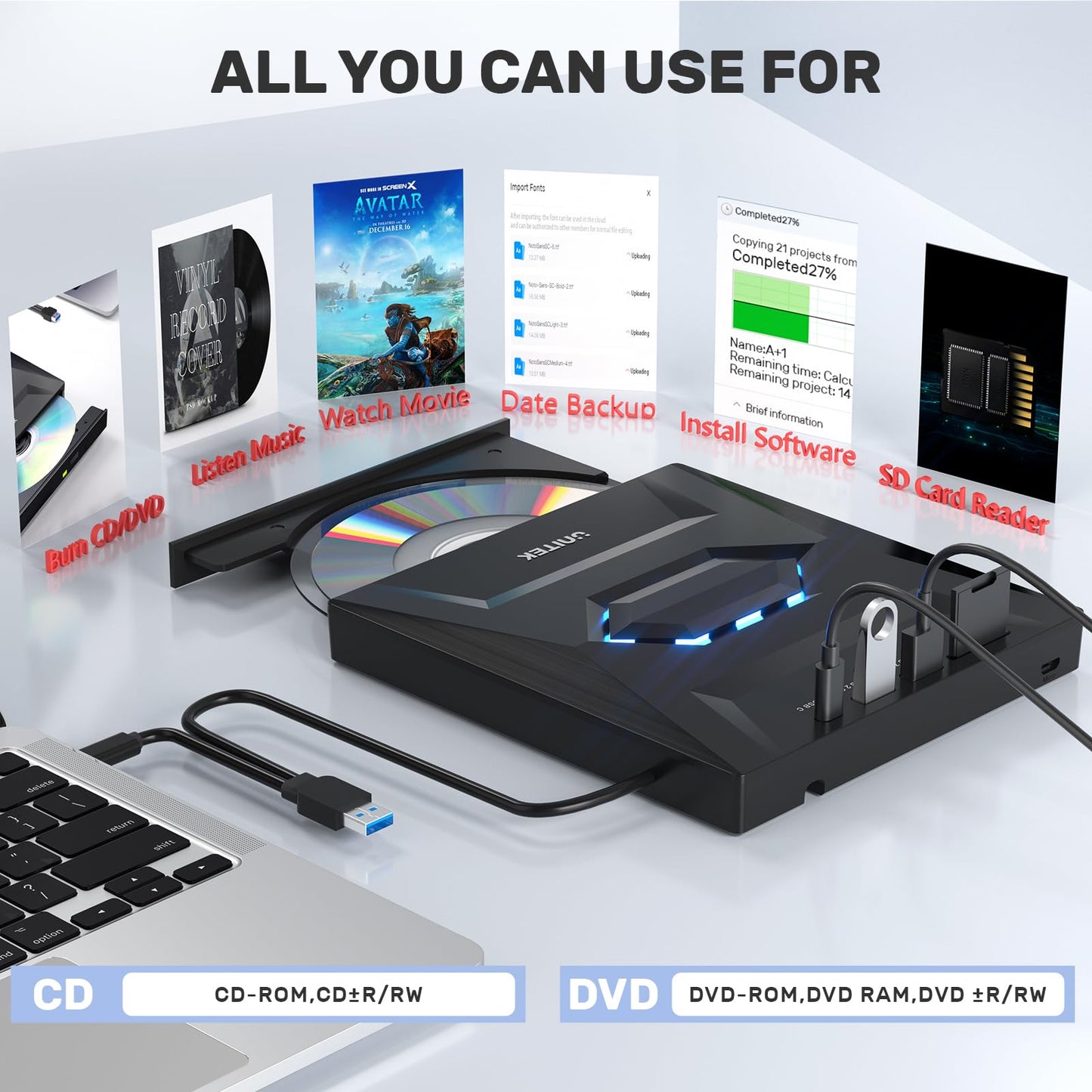 Unitek External CD DVD Drive, USB C Portable CD/DVD +/-RW Drive/DVD Player with SD Card Reader USB 3.0 USB C Hub CD ROM Burner Compatible with Laptop Desktop PC Windows Linux OS Apple Mac