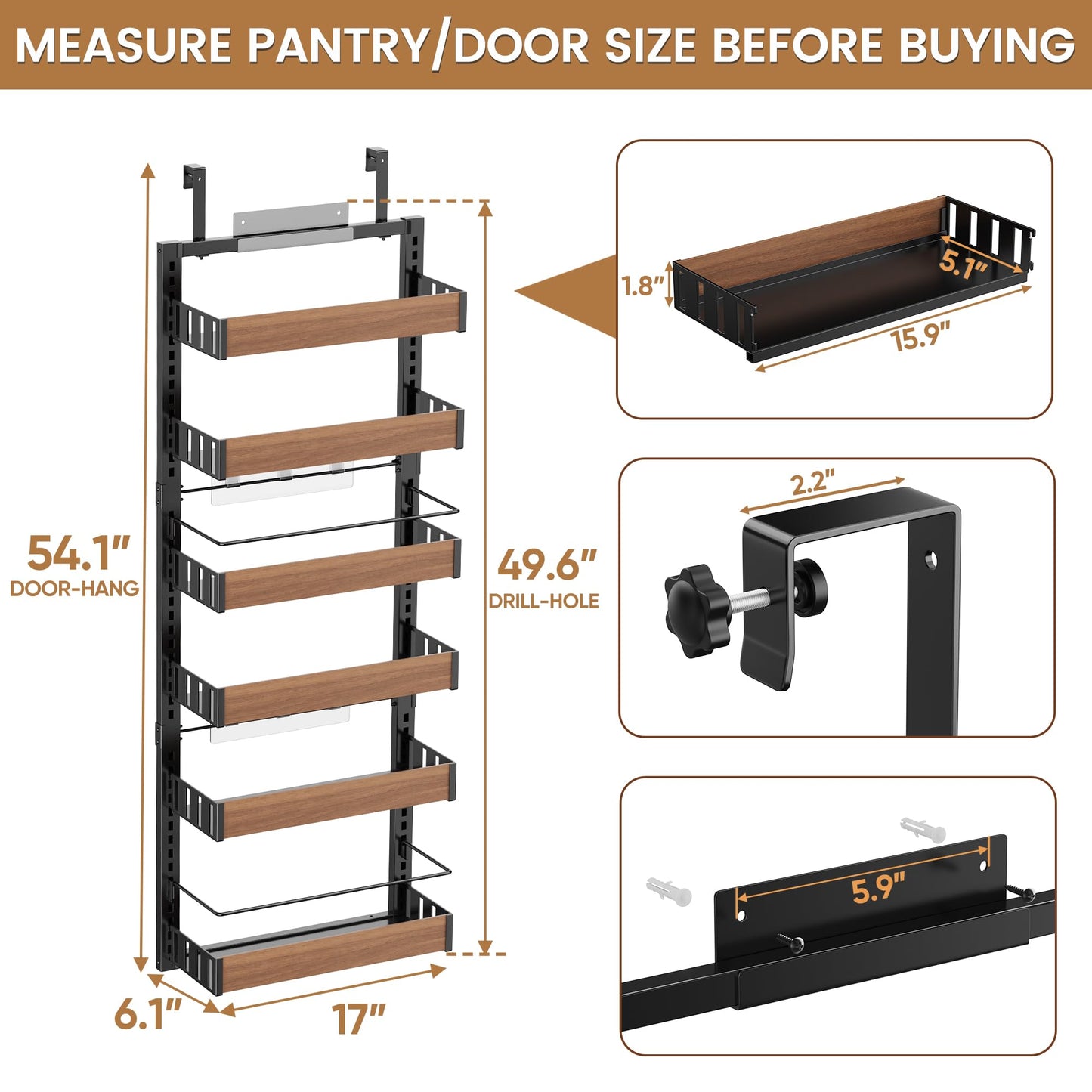 POKIPO 6 Tier Over The Door Pantry Organizer, 2-in-1 Door Hanging or Wall Mounted Spice Rack, Large Heavy Duty Pantry Door Storage Seasoning Shelves with Adjustable Basket for Kitchen Bathroom Closet