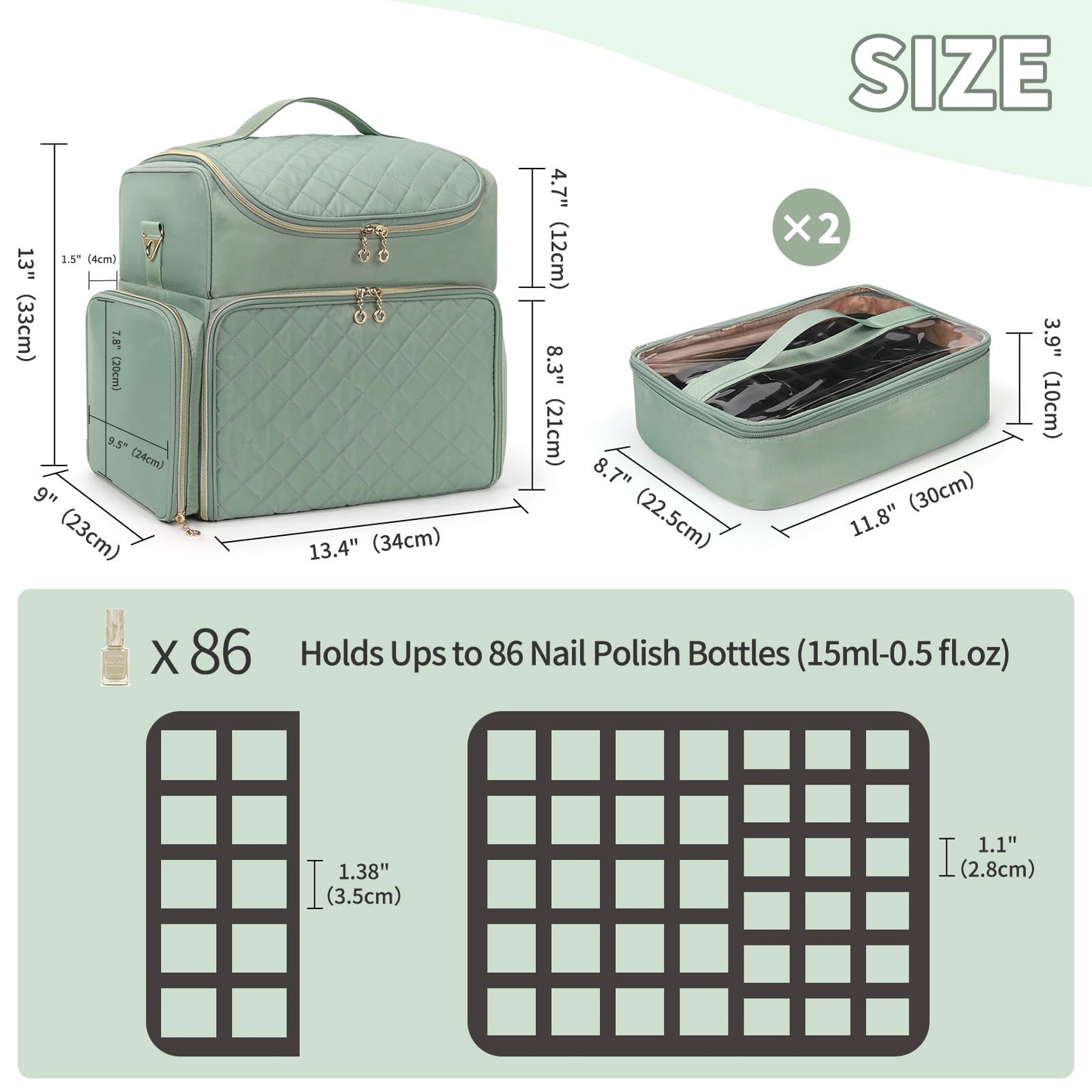 Extra Large Nail Polish Organizer Case Holds 86 to 100+ Bottles Nail Polish & Nail Lamp, Nail Supplies Storage Carrying Bag with 2 Removable Pouches, Portable Nail Tech Travel Box (Green, 86 Slots)