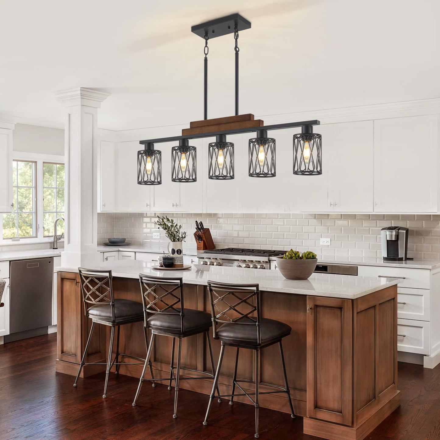 36.61'' Dining Room Light Fixtures Over Table,5-Light Farmhouse Kitchen Island Lighting Hanging with Metal Shade,Matte Black Rustic Wood Linear Pendant Island Light Fixtures for Dining Room Kitchen