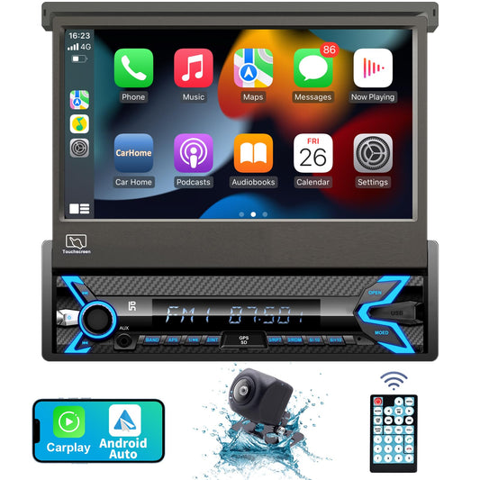 2025 7-inch Motorized Flip-Out Single Din Car Stereo with Apple CarPlay & Android Auto, Bluetooth, HD Touchscreen, Backup Camera, USB/SD/AUX Input, AM/FM Radio, Subwoofer Support & DSP