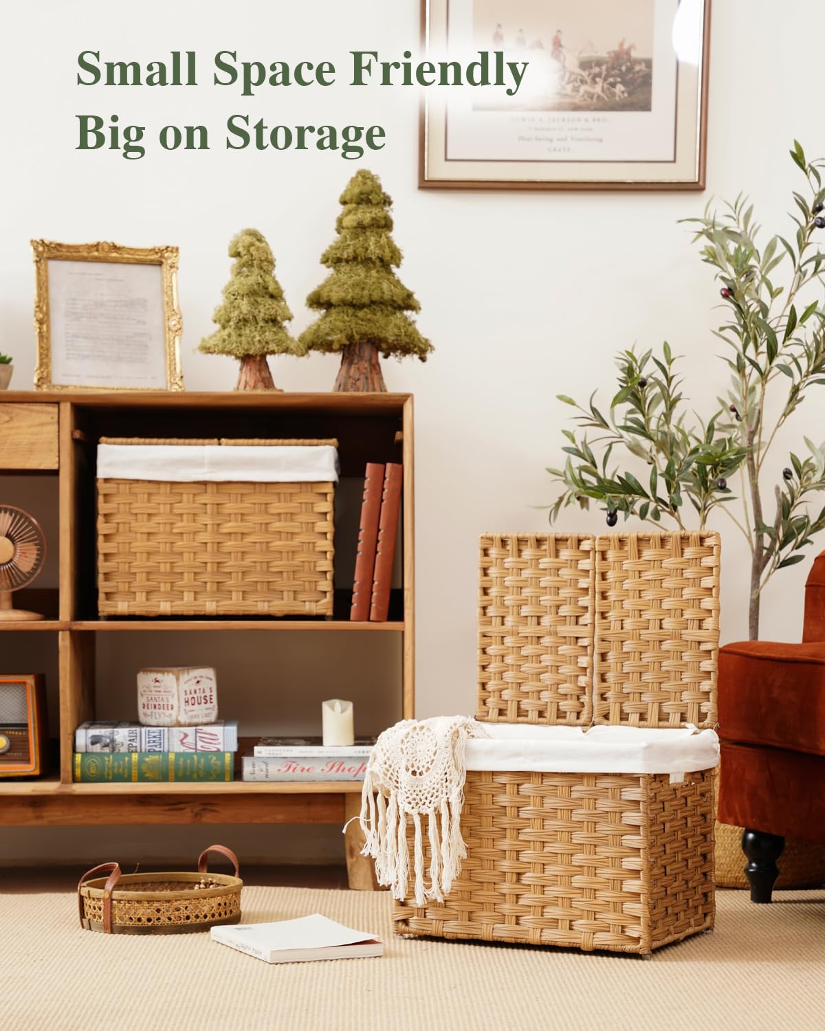 SETVSON Storage Basket with Lid Woven Wicker Baskets with 2 Separate Lid, 9.2 Gallon (35 L) Wicker Storage Bins with Handles, Foldable and 2 Removable Liner Bags for Bedroom, Laundry Room Natural