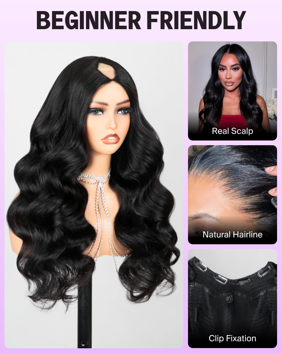 Megalook hair V Part Wig Human Hair Body Wave Glueless Wigs Human Hair Clip in U Part Human Hair Wig No Sew In No Glue No Leave Out Human Hair Wigs for Black Women 200% Density Natural Color 18 Inch