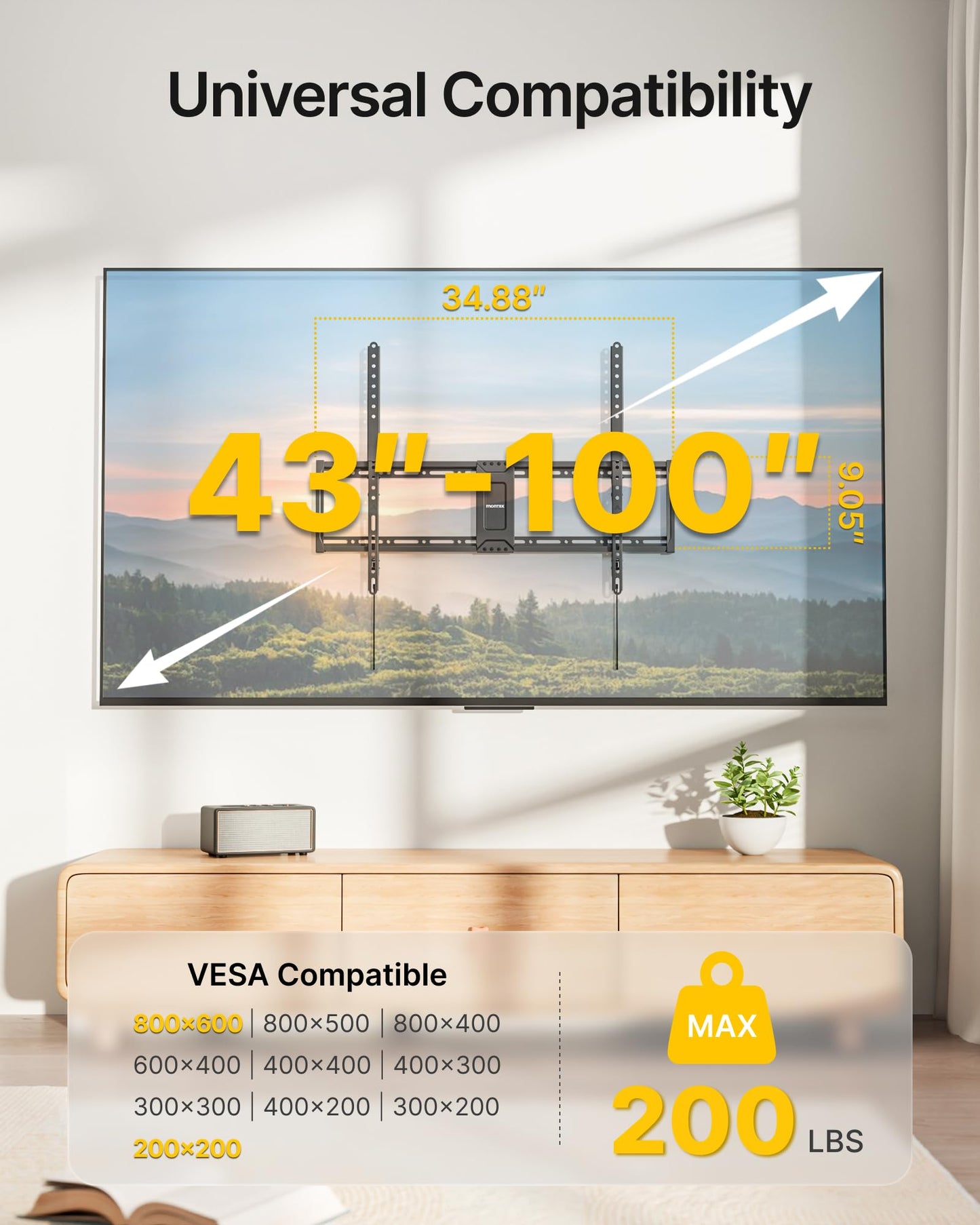 monTEK Heavy Duty Fixed TV Wall Mount for 43–100 Inch TVs up to 200 lbs, 1.2" Ultra Slim Low Profile Wall Mount Bracket, Max VESA 800x600mm, Fits 16"/18"/24"/32" Wood Studs, Secure Space-Saving Design