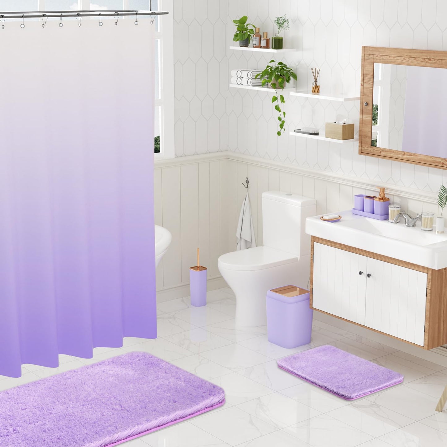 XLHOMO Bathroom Accessory Set–Bathroom Sets with Shower Curtain and Rugs, Non Slip Bathroom Rugs Super Absorbent, Light Purple Ombre Shower Curtain with Hooks, Lavender Bathroom Sets Complete for Home