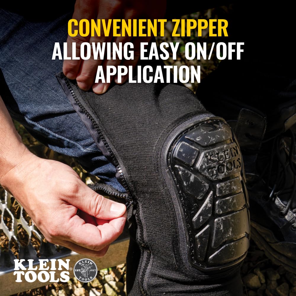 Klein Tools 60629 Tough-Flex Knee Sleeves for Work, Construction, Low-Profile Sleeve with Zipper, Gel-Like Foam, Black, M/L