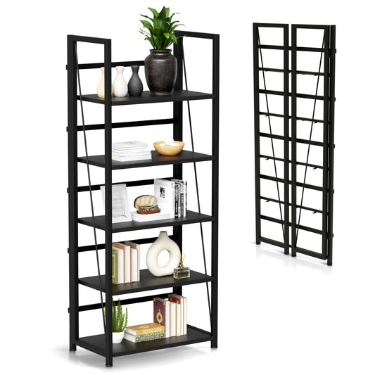 5 Tier Wood Book Shelf Organizer, No Assembly Bookshelf for Bedroom Living Room Office, Rustic Foldable Book Case, Tall Bookshelves, Open Book Shelves, Decorative Folding Shelf Display, Tall Bookcase