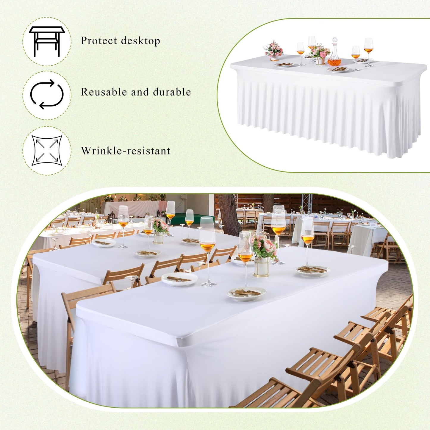 Newwiee 3 Pcs Spandex Table Skirt for 6ft Rectangle Tables 6 Foot Folding Tables Tablecloth Wrinkle Resistant Ruffles Elastic Table Cover and Table Skirt for Banquets, Weddings, Parties (White)