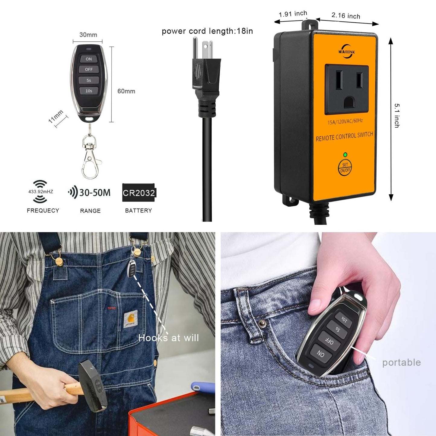 MIAOLINK 120v Automatic Vacuum Switch Wireless Remote Control Dust Collector Starter Outlet Switch (Battery Included) (120V)