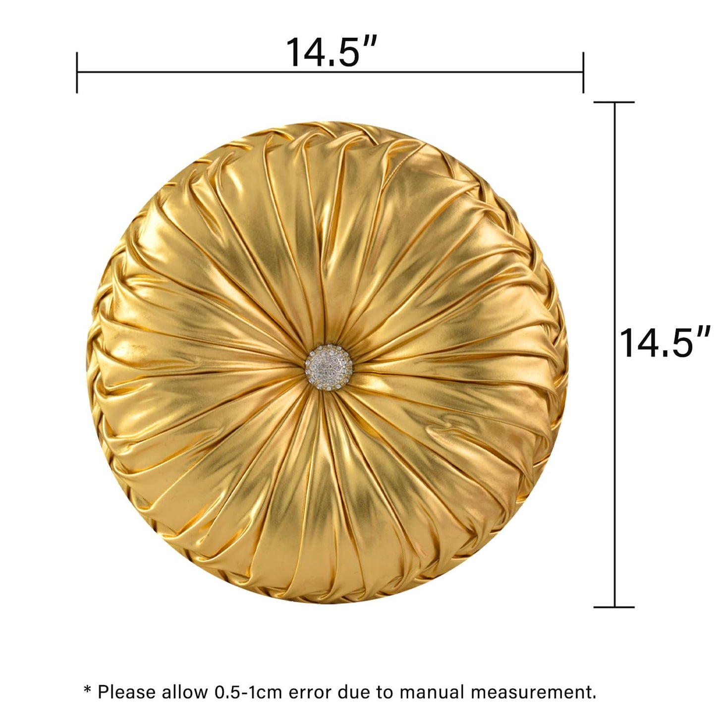 HIG Set of 2 Handcrafted Gold Ruched Round Throw Pillows – 14.5’’ Metallic Leather Decorative Pillows with Soft Polyester Filling for Couch, Bed, Living Room, Bedroom, or Dorm