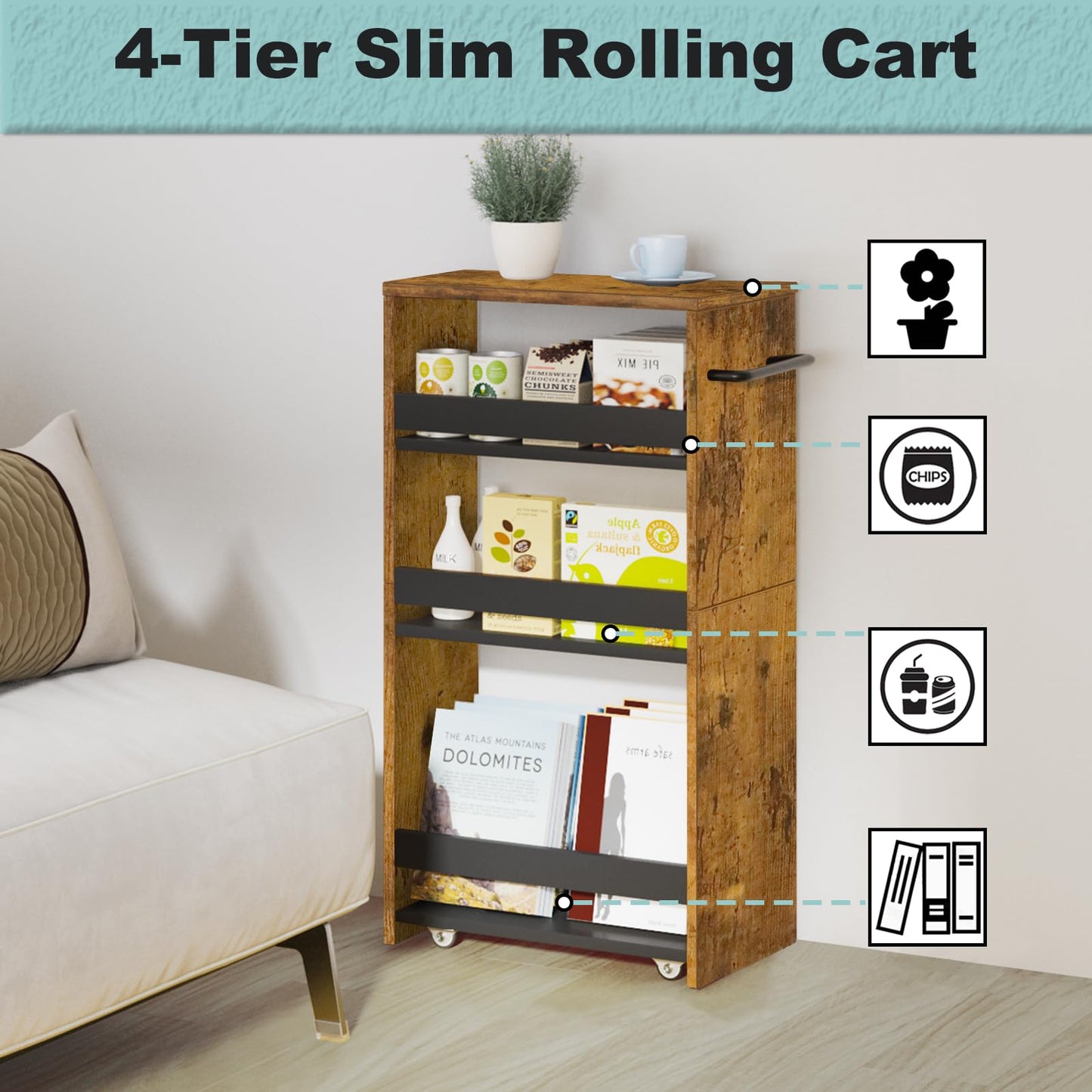 MARTY Rolling Storage Cart 7.9" W, 4-Tier Narrow Kitchen Cart with Wheels Handle, Slim Storage Mobile Shelving Utility Carts for Bathroom Laundry Room Organization Small Spaces(Rustic Brown)