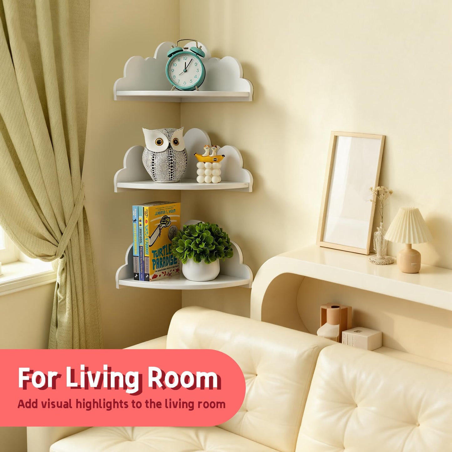 Conamily Cloud Corner Floating Shelves，Set of 3 White Corner Wall Shelf Floating Wooden Cute Wall Mounted Shelves Clouds Dispaly Shelf for Kid’s Room,Toys, Plants & Storage