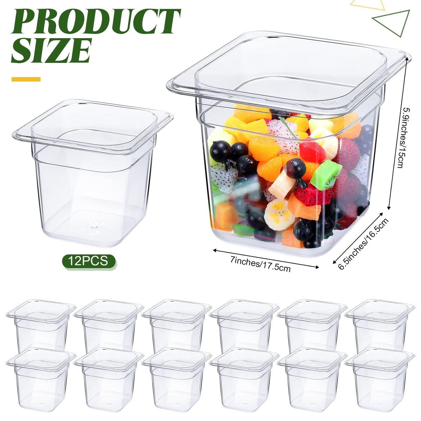 Yinder 12 Packs Plastic Clear Food Pans 1/6 Size Stackable Polycarbonate Food Containers with Capacity Indicator Restaurant Commercial Hotel Pan for Fruits Vegetables Beans Corns(6'' Deep)