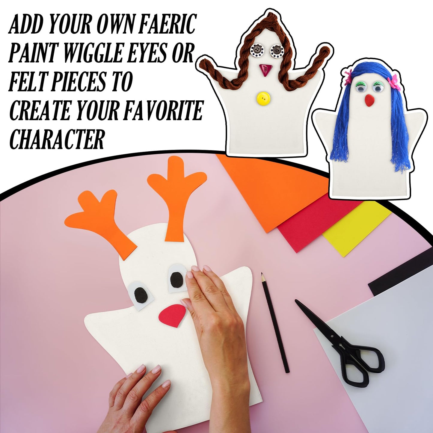 Soulchen 24 Pcs DIY Cotton Hand Puppet Kit 8 x 9.8 Inch Making Your Own Puppets Blank Fabric for DIY Crafting Storytelling Family Activities Art Party Supplies Creative Play Holiday Subject Gifts