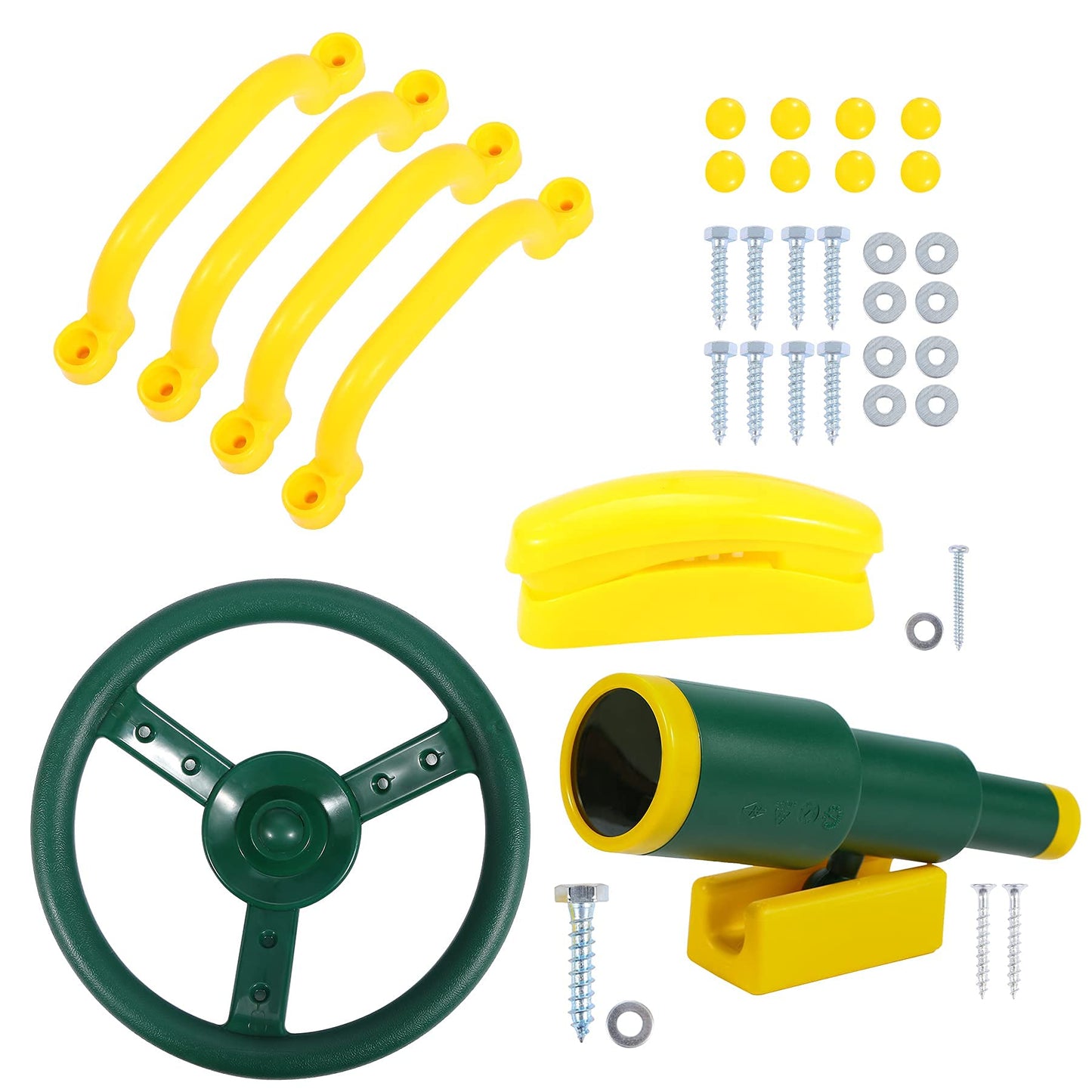 RedSwing Playground Accessories for Kids, Outdoor Swingset Attachments with Pirate Ship Wheel, Toy Telescope, Telephone and Safety Handles (Yellow and Green)