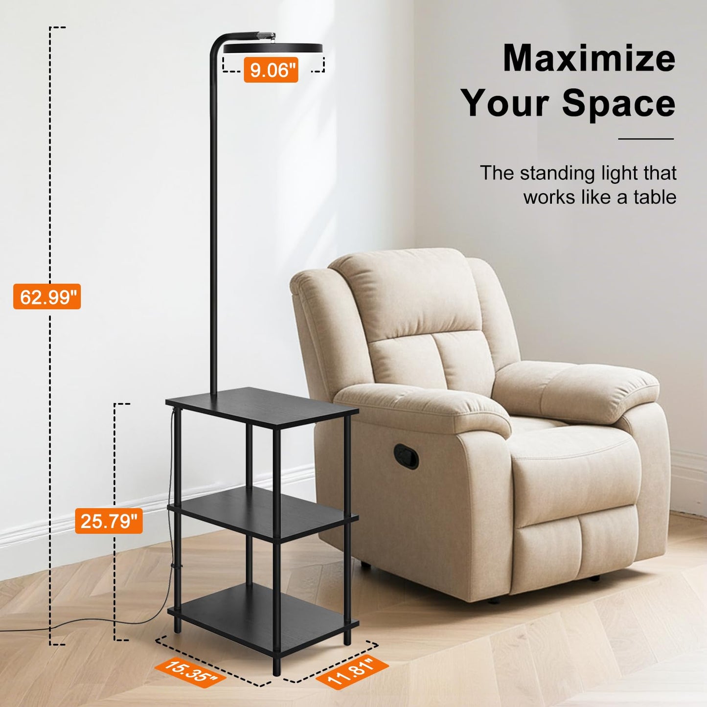 LED Floor Lamp with Table, 25W/3000LM Super Bright Floor Lamp with Remote, End Table with Lamp Attached Stepless Dimmable, Side Tables with Lamp with 350° Rotating Head for Living Room Bedroom Office
