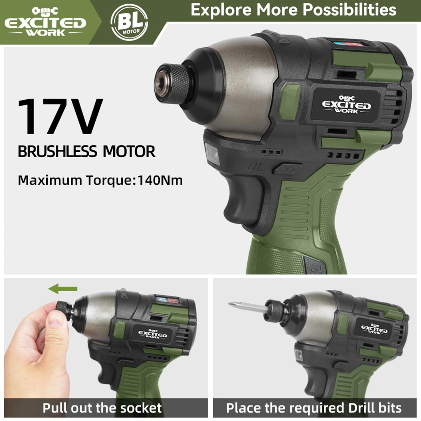 LAZYLAND 17V Brushless Screwdriver Drill Set, 140Nm Cordless Impact Driver & 55Nm Electric Drill with 3 Adjustable Speed, 2 Batteries and Led Work Light