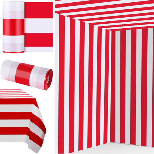 Ctosree 78.7 in x 100 ft Red and White Striped Tablecloth Roll Plastic Carnival Circus Tent Party Table Cover Red Brick Wall Backdrop for Birthday Party Circus Backdrop (Red and White, Striped)