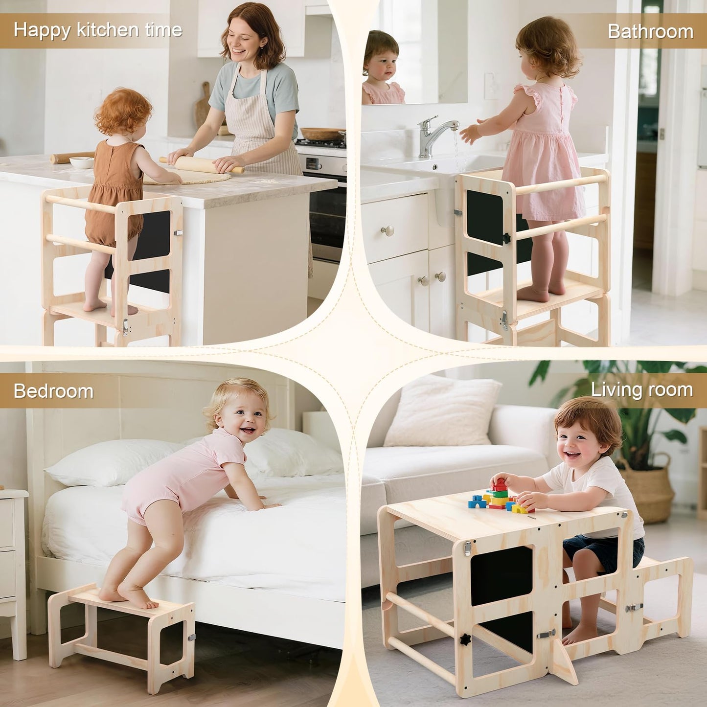 Toddler Kitchen Step Stool, 4-in-1 Foldable Standing Tower with Blackboard, Toddler Step Stool for Bathroom Sink, Kitchen Counter, Ages 18 Months to 4 Years