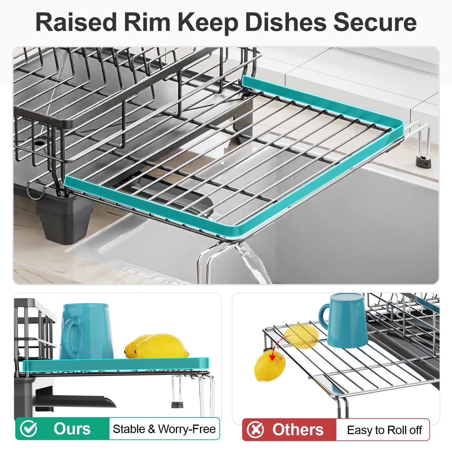 GSlife Extendable Dish Drying Rack - Large 2-in-1 Dish Racks for Kitchen Counter or Over Sink, Anti-Rust Dish Drainer with Drainboard, 2 Pan Slots and Utensil Holder, Black