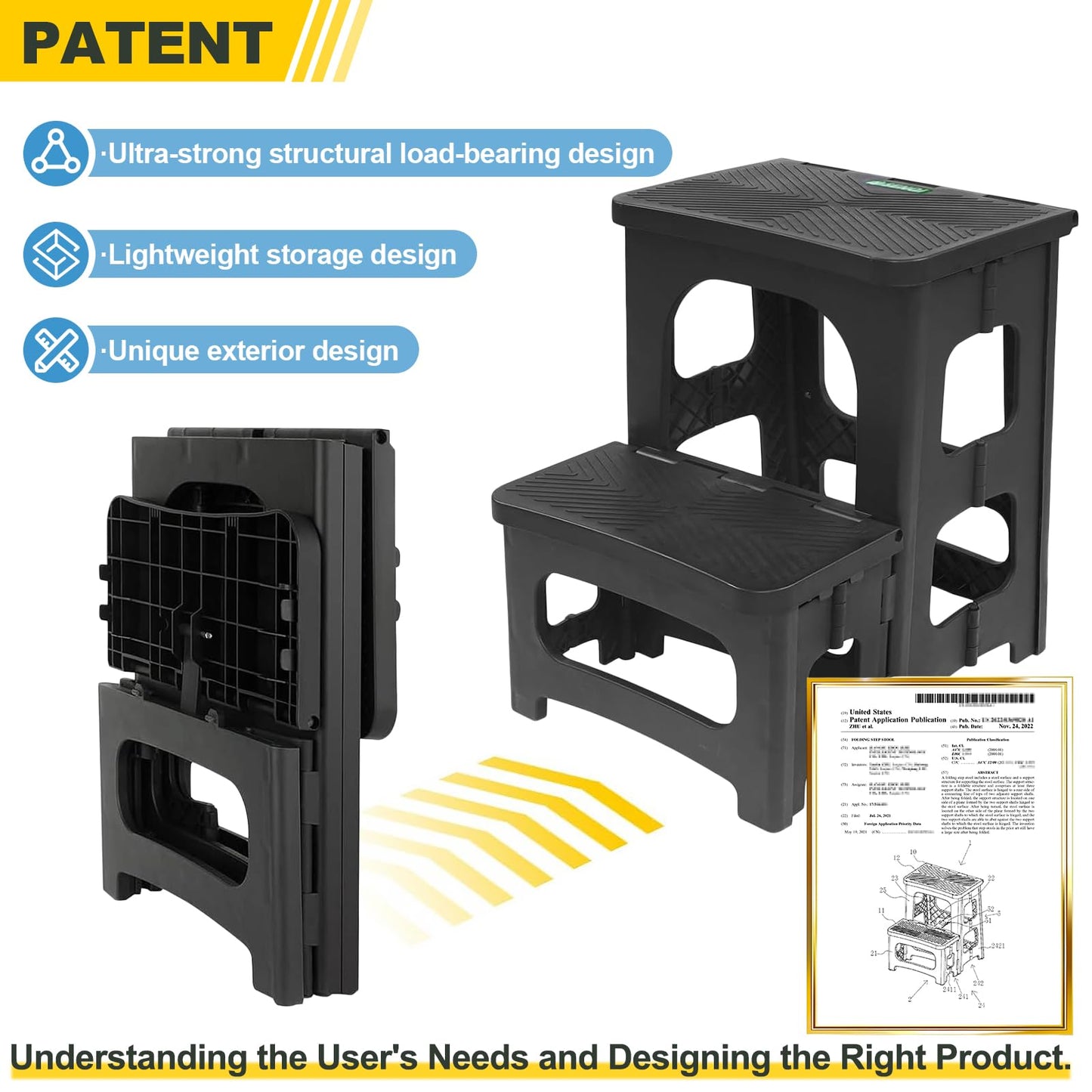 Folding 2-Step Stool for Adults Kids Non-Slip Collapsible Portable Step Stool for Kitchen Home Toilet Bedroom Office Bathroom Rv,Holds 300 Lbs(Black)